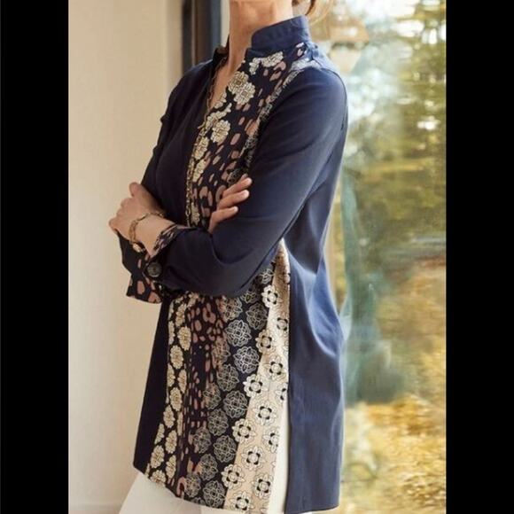 Chico’s Women's Sz 1 US 8 M No Iron Mixed Print Tunic Buttons Geometric Travel - Picture 4 of 11